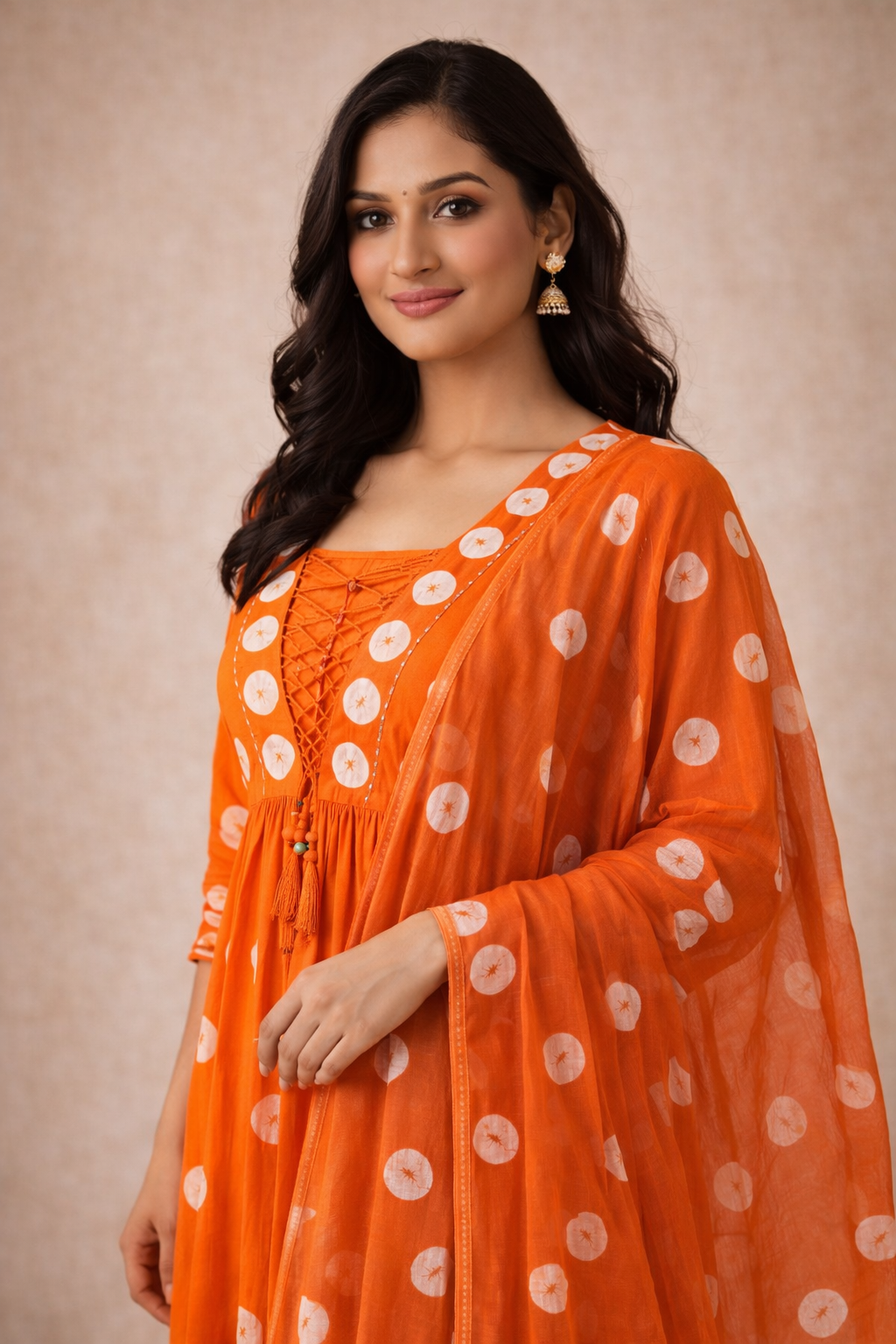 Rozana Rust Anarkali polka dots suit set