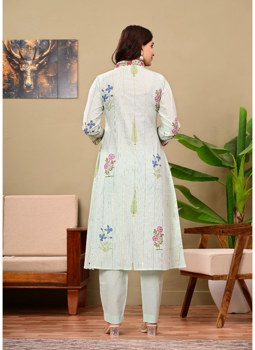 Chitra Blue Cotton Handblock Kurta Pant set