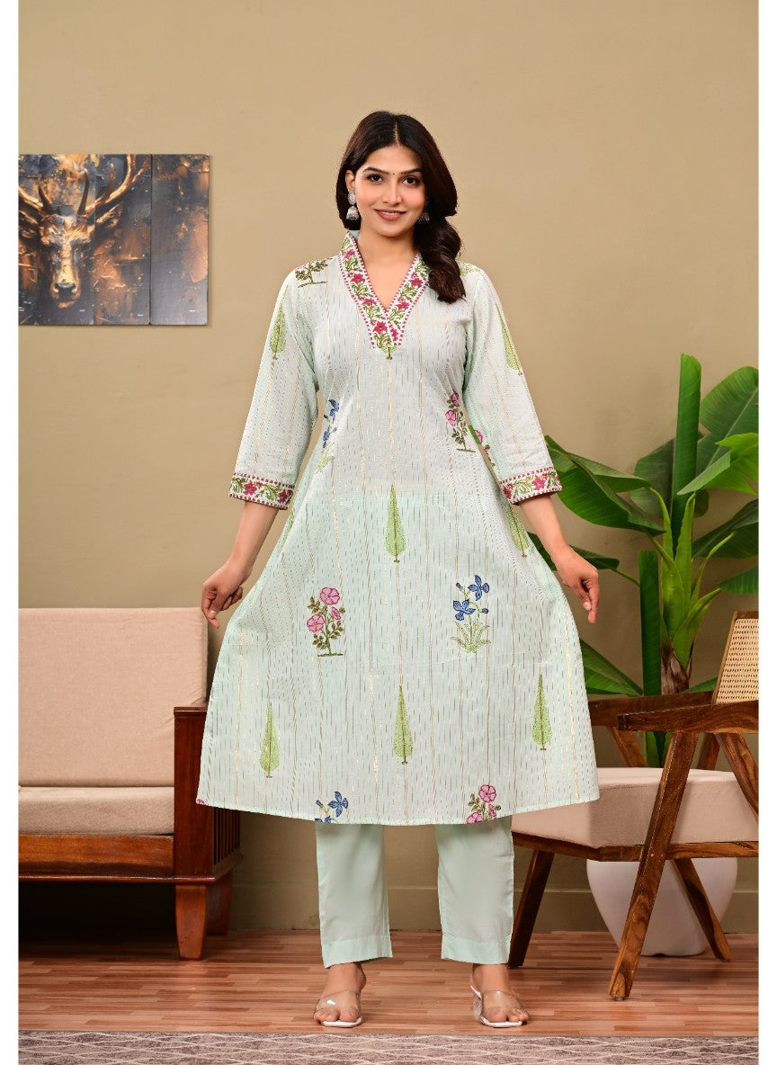 Chitra Blue Cotton Handblock Kurta Pant set