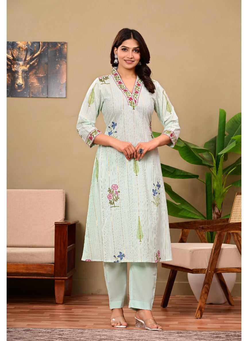 Chitra Blue Cotton Handblock Kurta Pant set