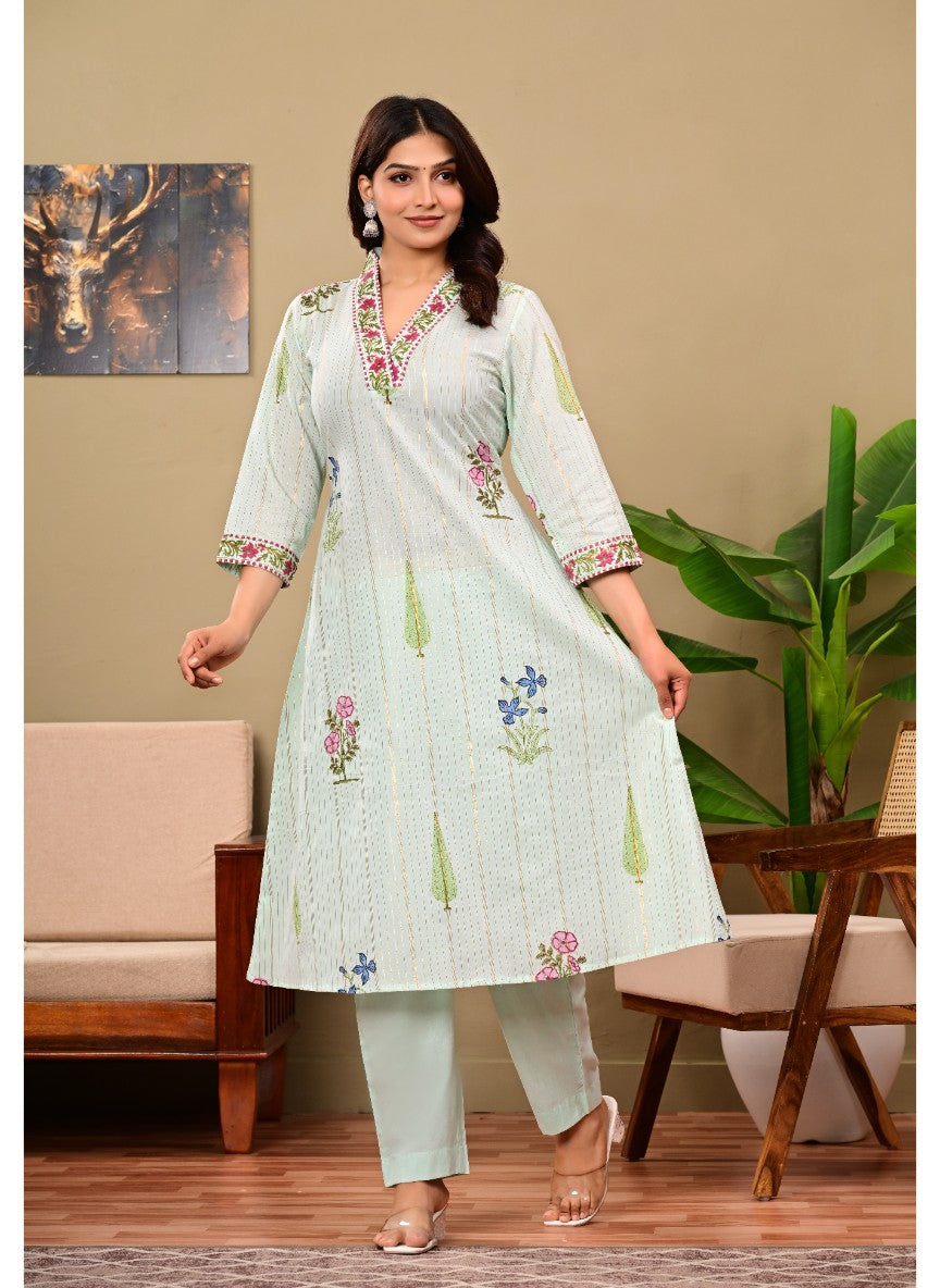 Chitra Blue Cotton Handblock Kurta Pant set