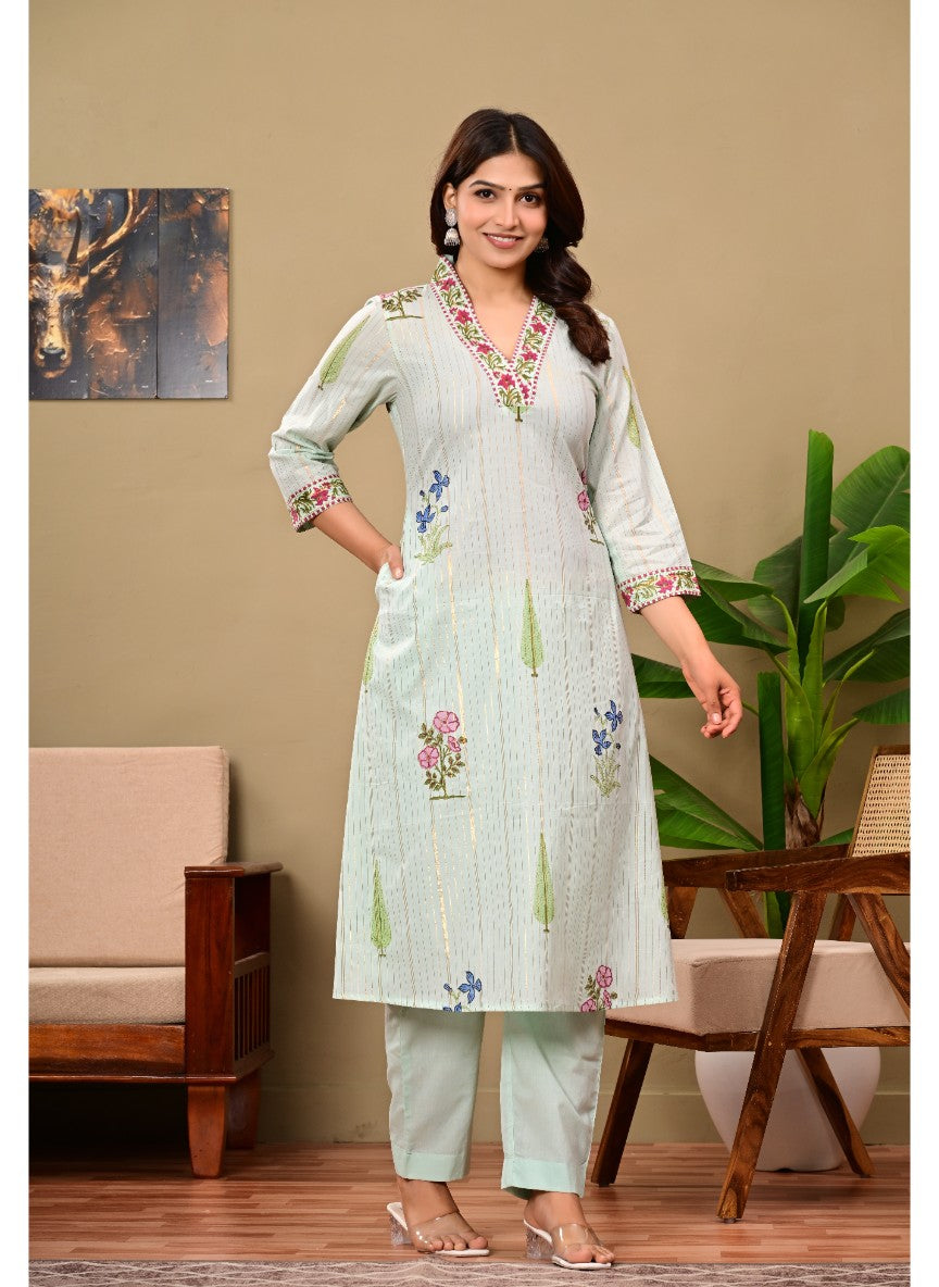 Chitra Blue Cotton Handblock Kurta Pant set