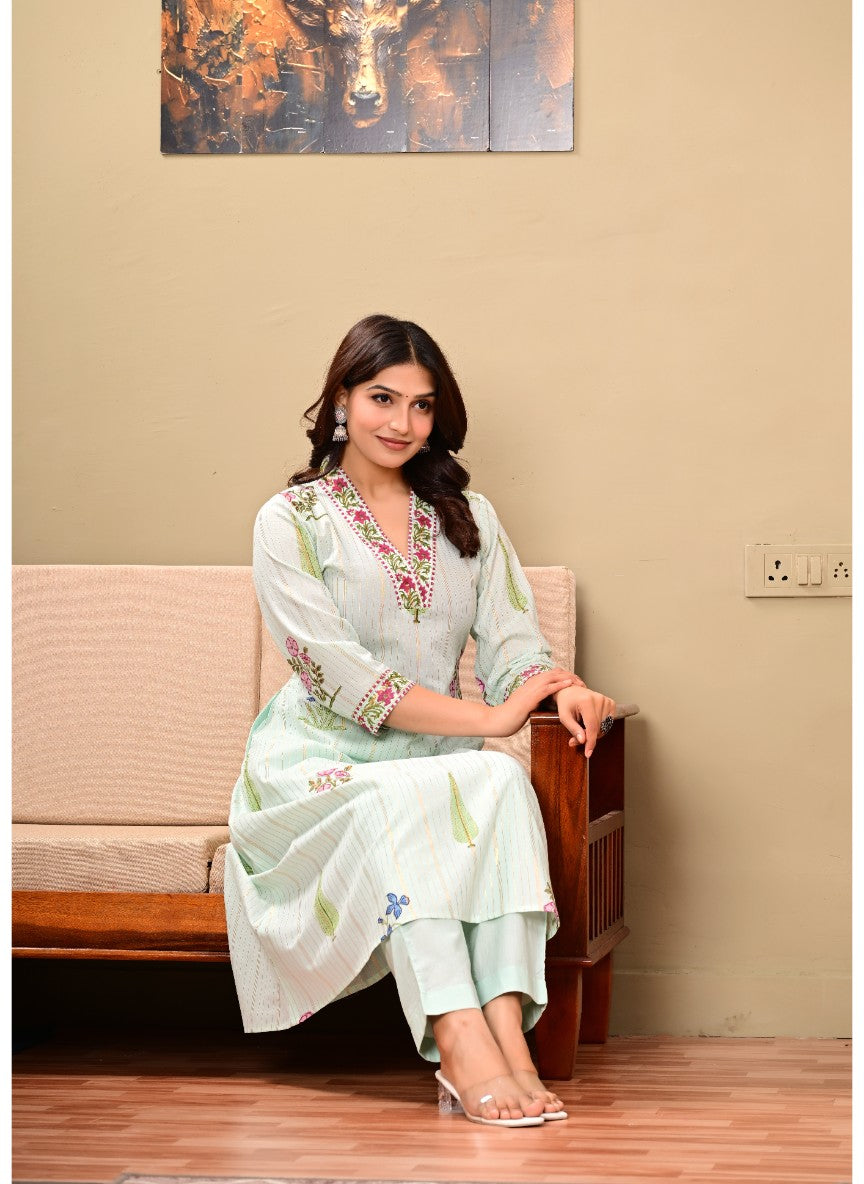 Chitra Blue Cotton Handblock Kurta Pant set