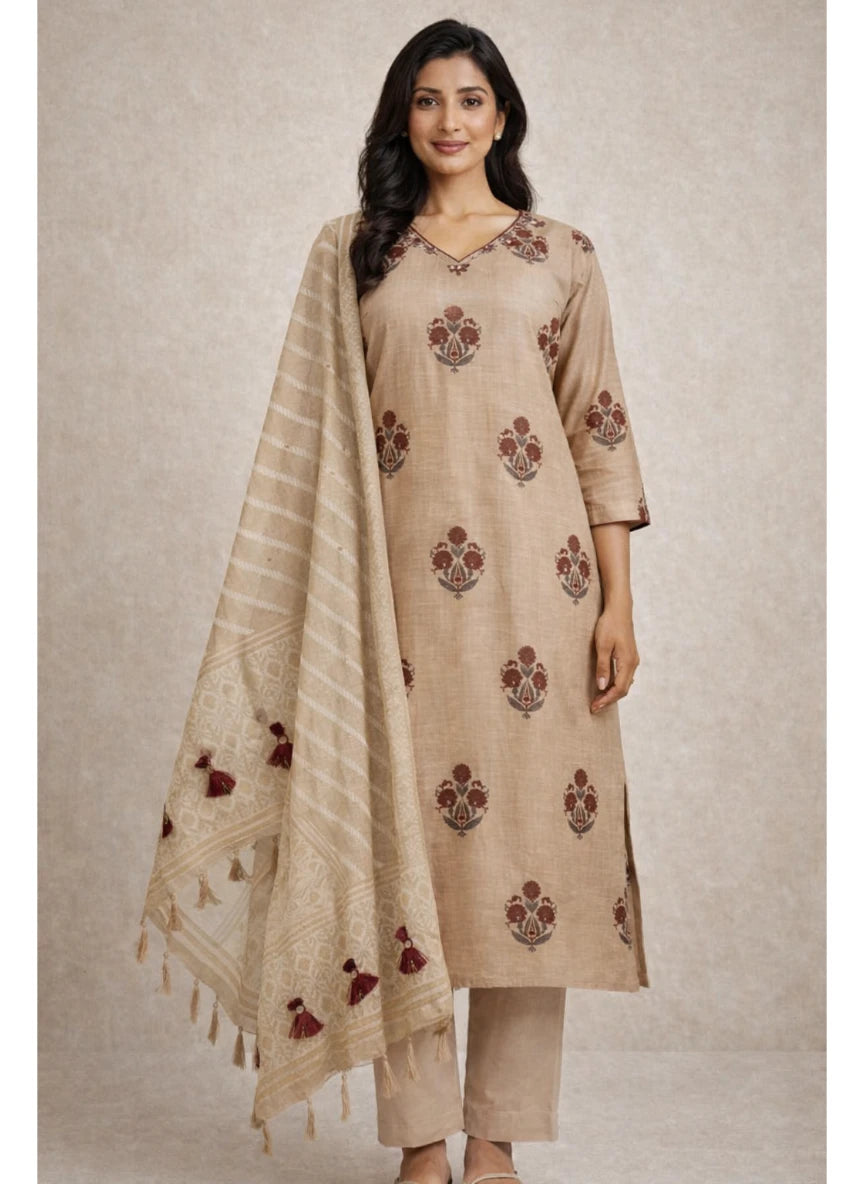 Kashida Jamdani Beige Suit Set