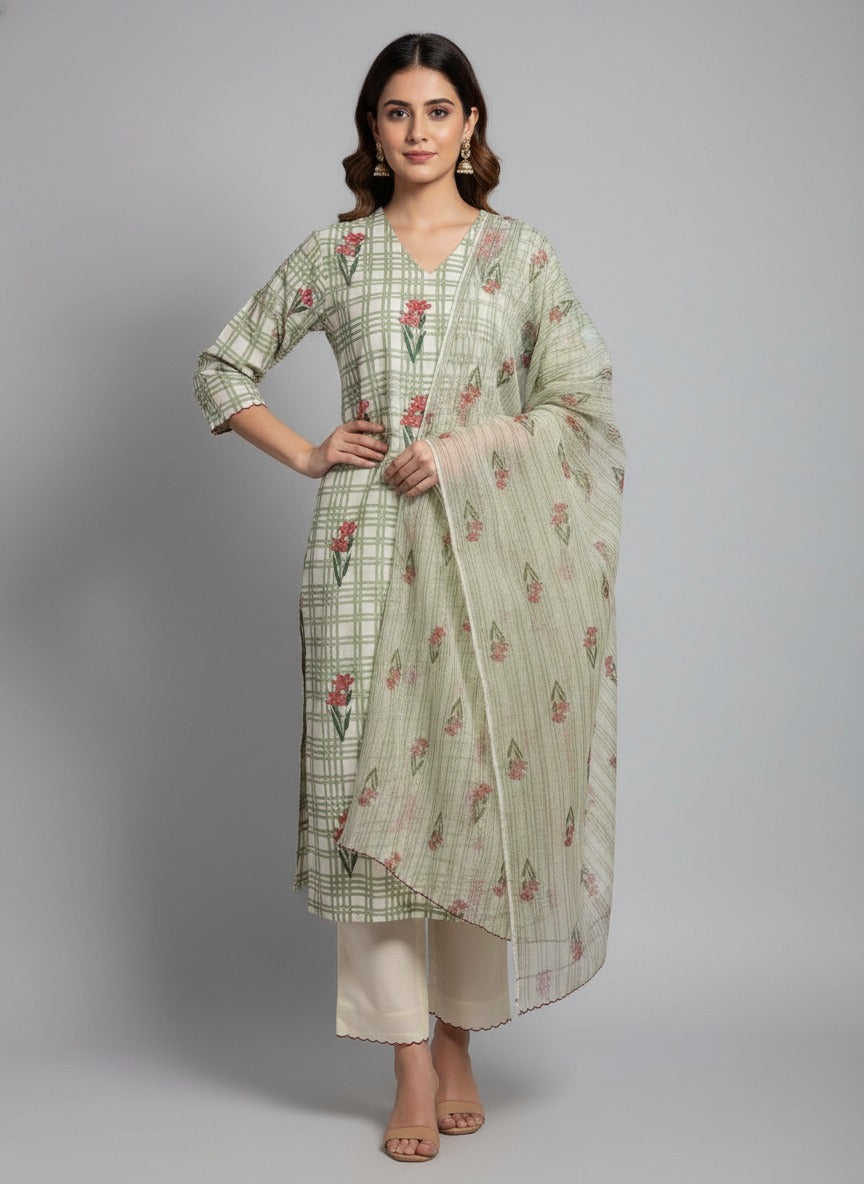 Sehar Green Checks Block Print Cotton Suit Set