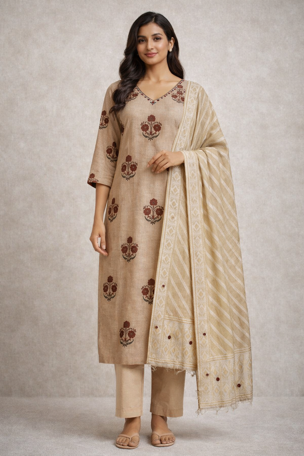 Kashida Jamdani Beige Suit Set