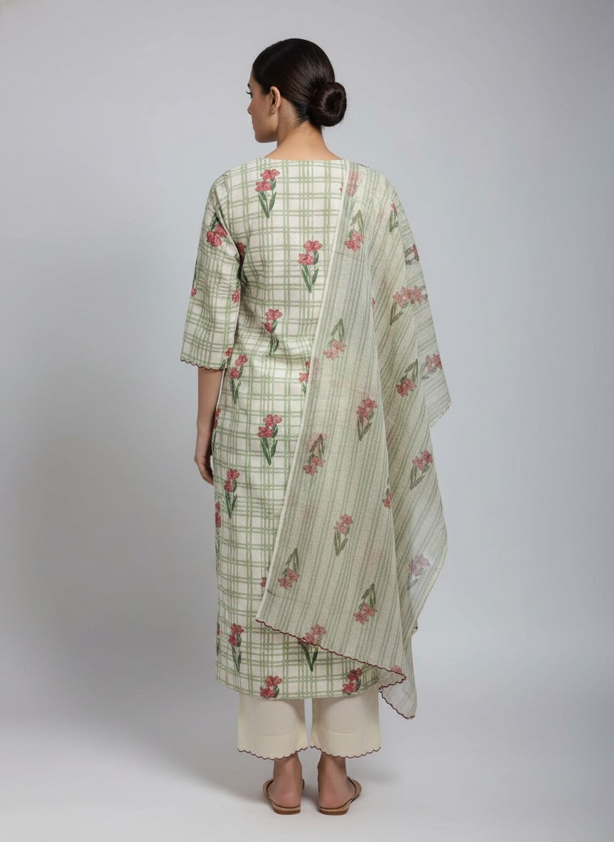 Sehar Green Checks Block Print Cotton Suit Set