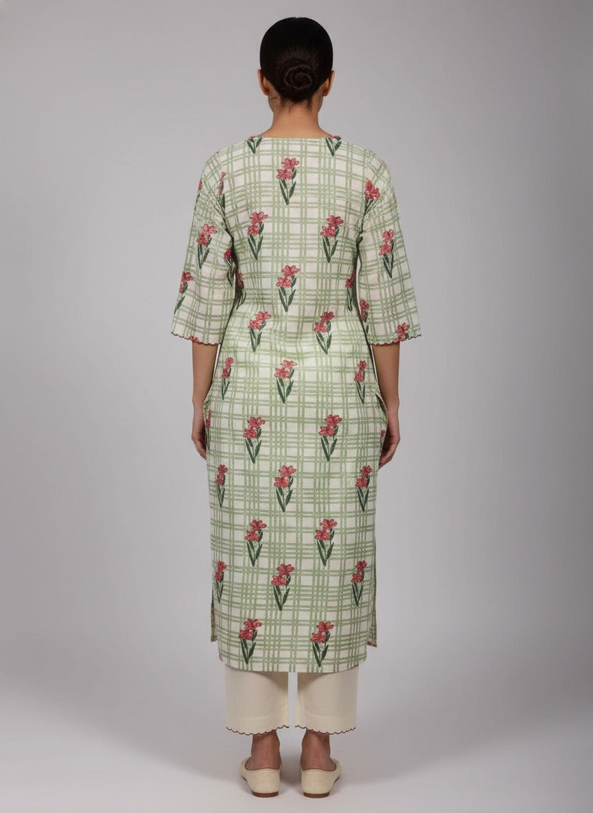 Sehar Green Checks Block Print Cotton Suit Set
