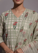 Sehar Green Checks Block Print Cotton Suit Set