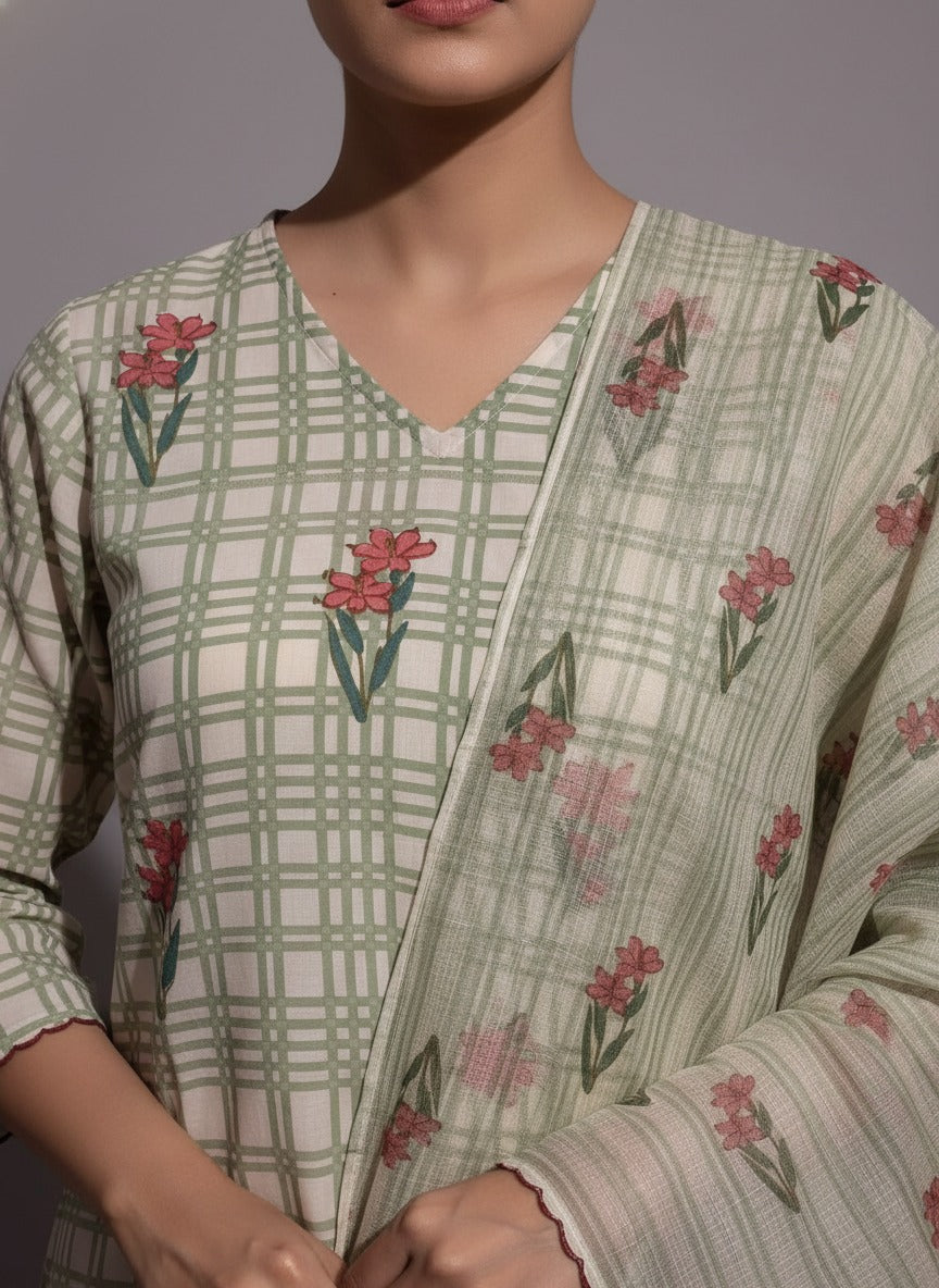 Sehar Green Checks Block Print Cotton Suit Set