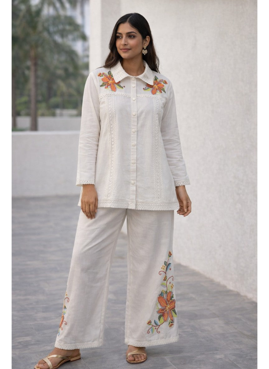 Rozana White Embroided Shirt Co-ord Set