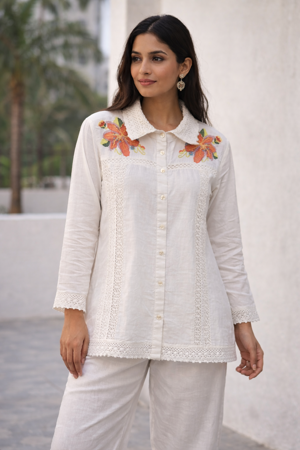 Rozana White Embroided Shirt Co-ord Set