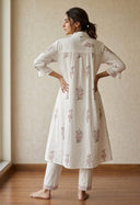 Rozana White Shirt Style Block Printed Kurta Pant Set