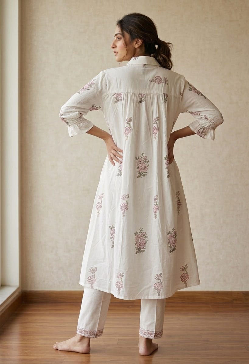 Rozana White Shirt Style Block Printed Kurta Pant Set