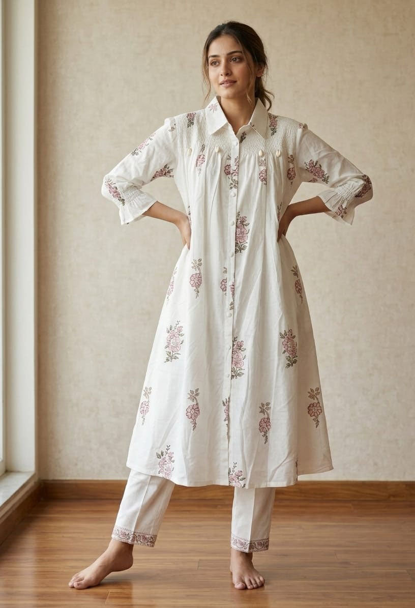 Rozana White Shirt Style Block Printed Kurta Pant Set