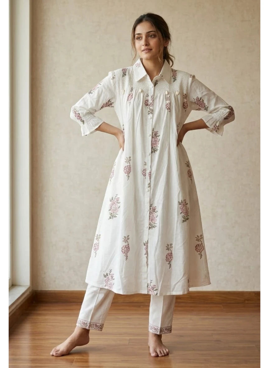 Rozana White Shirt Style Block Printed Kurta Pant Set