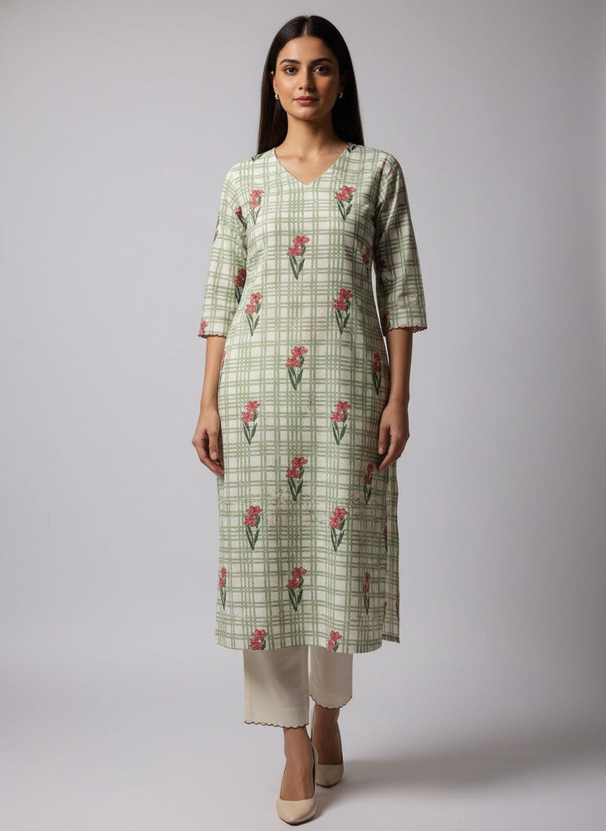 Sehar Green Checks Block Print Cotton Suit Set