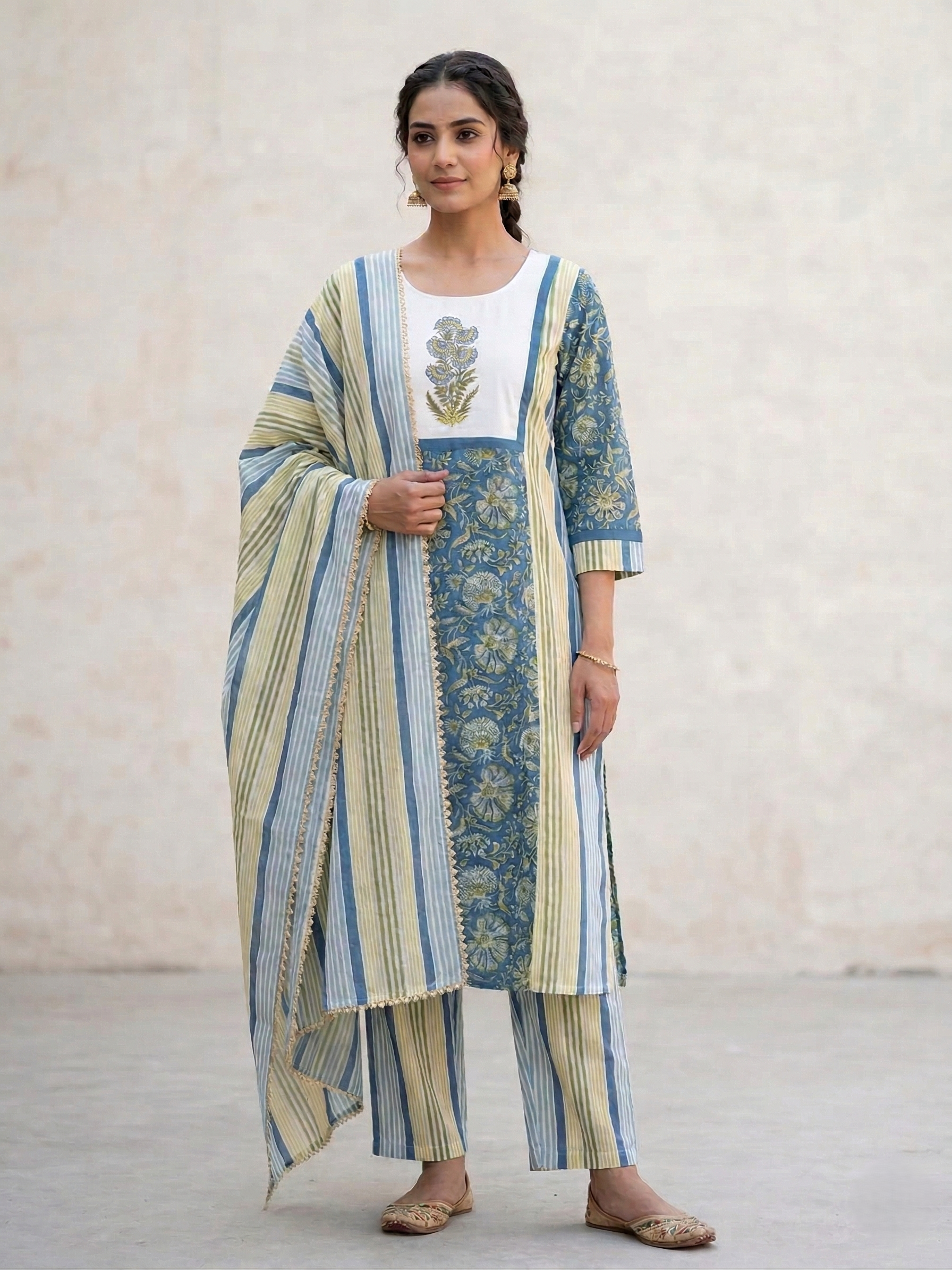 Rozana Cotton Blue Suit Set