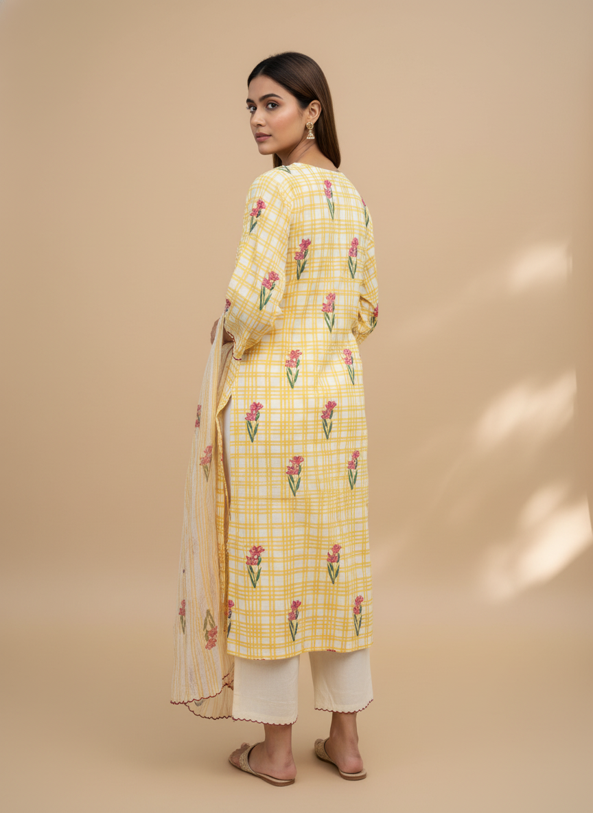 Sehar Yellow Checks Block Print Suit Set