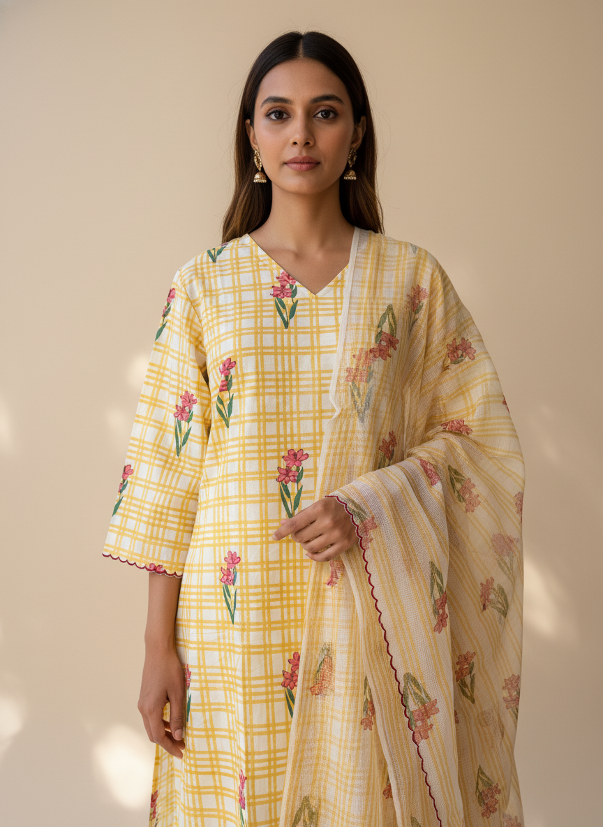 Sehar Yellow Checks Block Print Suit Set