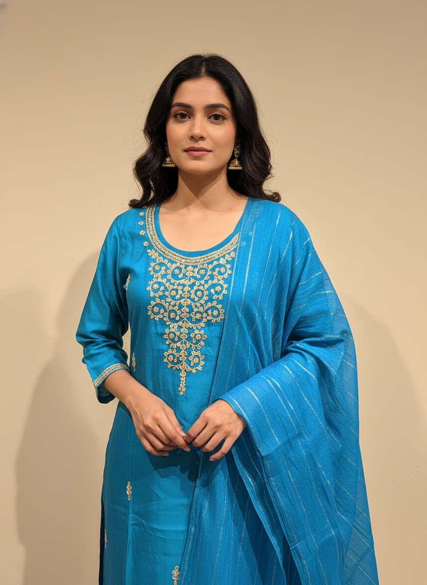 Kashida Peacock Blue Gota Patti Suit set