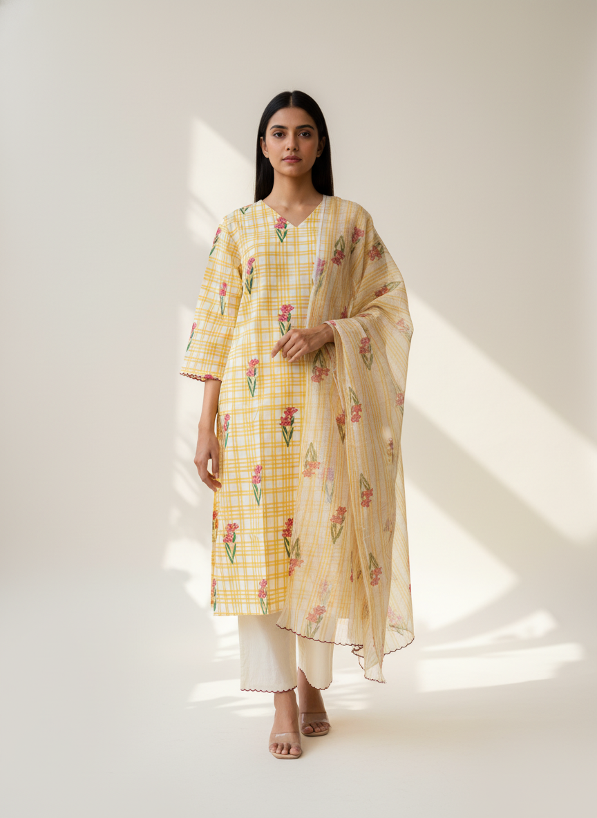 Sehar Yellow Checks Block Print Suit Set