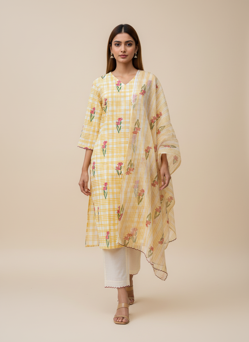Sehar Yellow Checks Block Print Suit Set