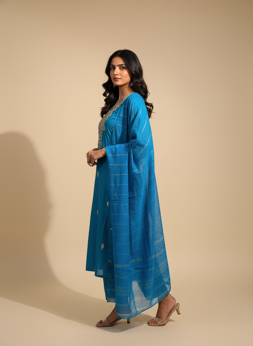 Kashida Peacock Blue Gota Patti Suit set