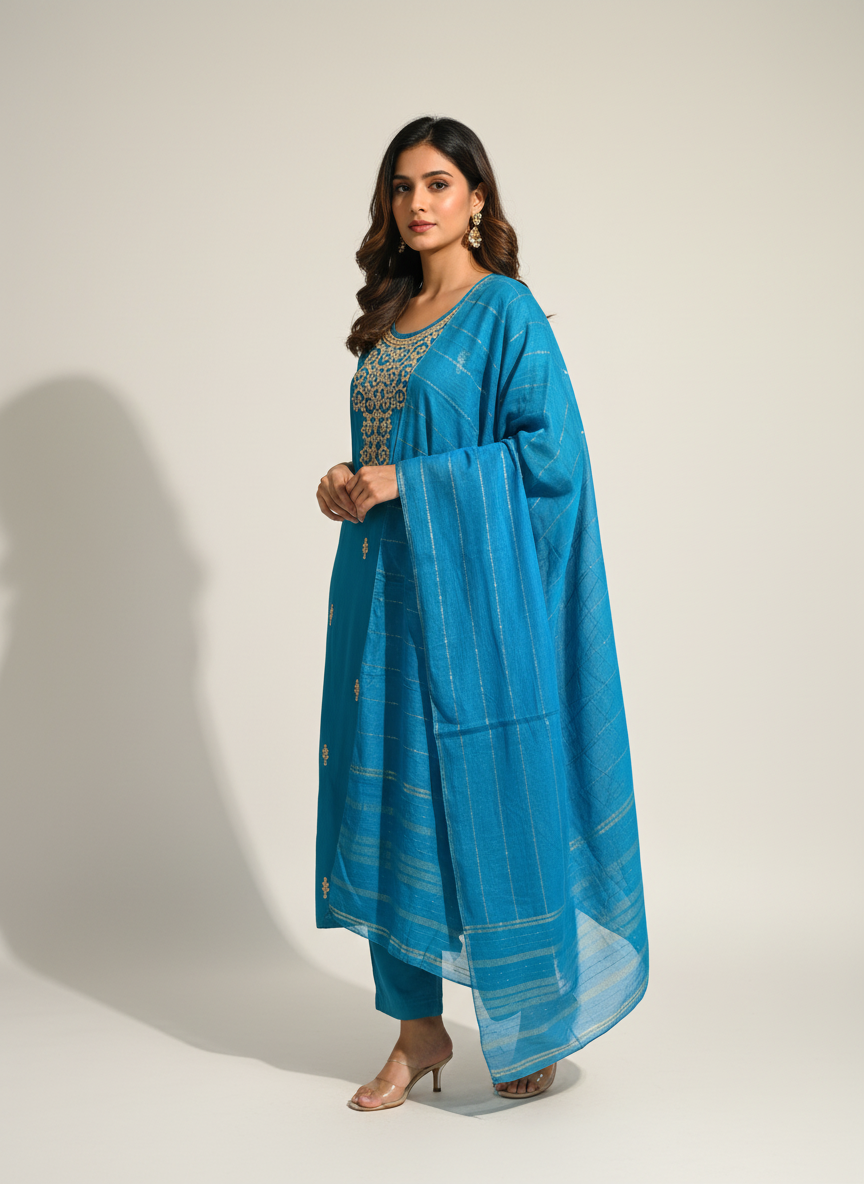 Kashida Peacock Blue Gota Patti Suit set