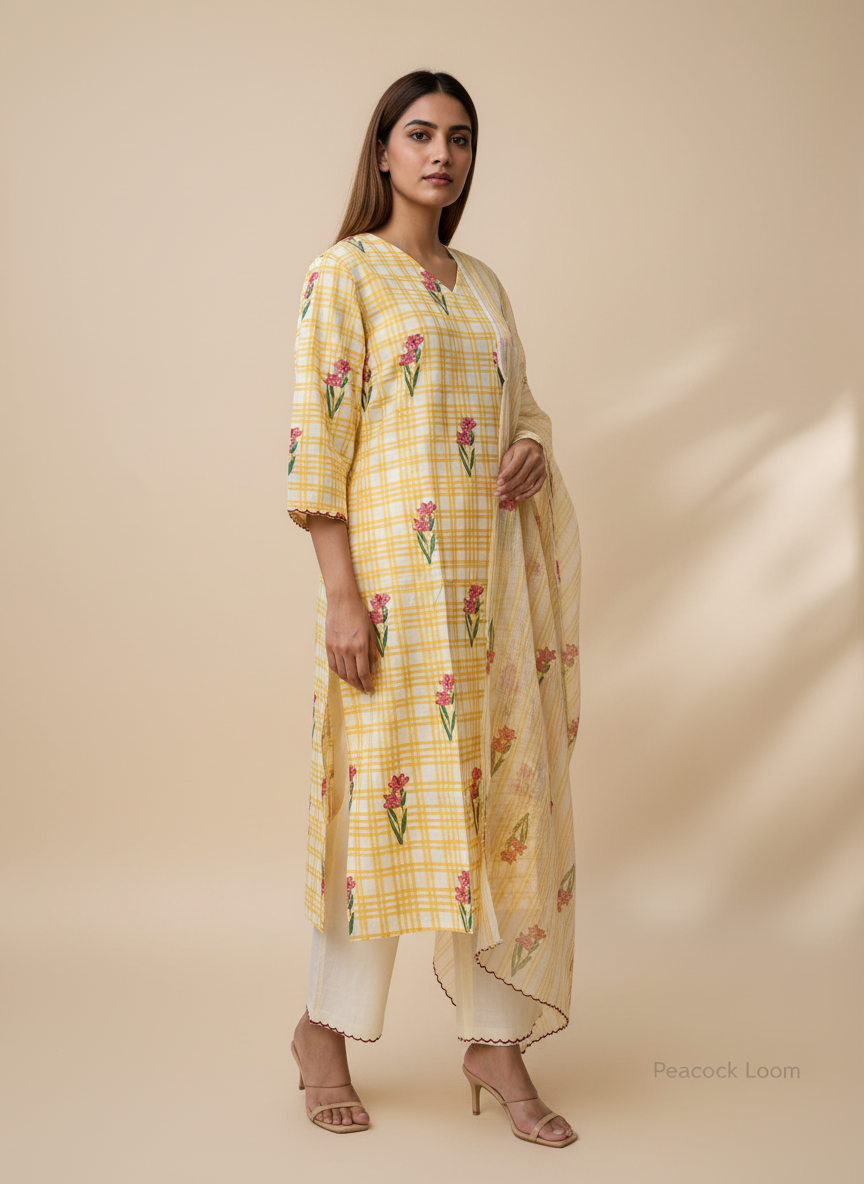 Sehar Yellow Checks Block Print Suit Set