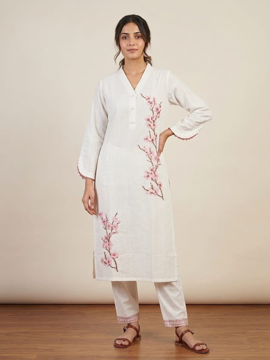 Rozana White Embroidered Curved Sleeves Co-Ord set