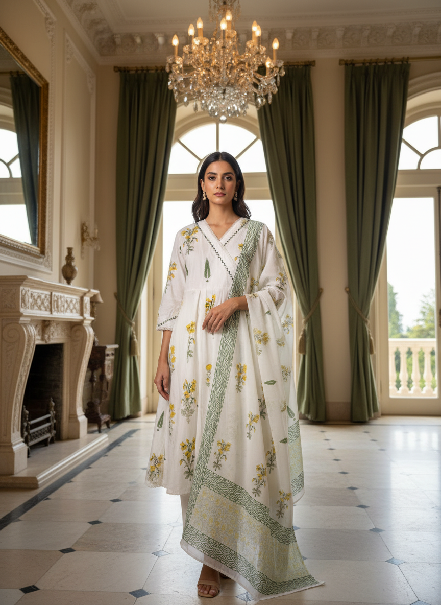 Sehar Cotton White Handblock Print Anarkali Suit Set