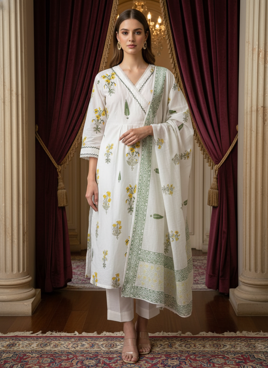 Sehar Cotton White Handblock Print Anarkali Suit Set