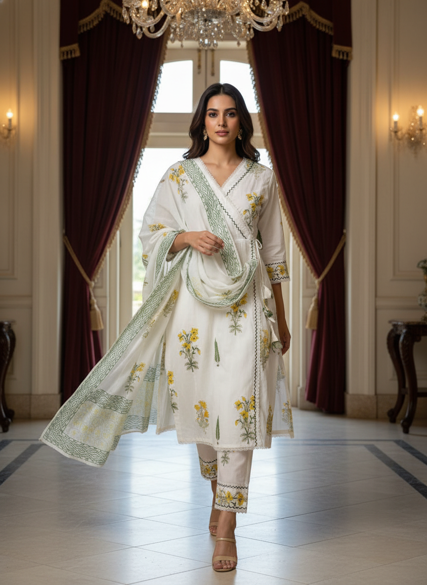 Sehar Cotton White Handblock Print Anarkali Suit Set