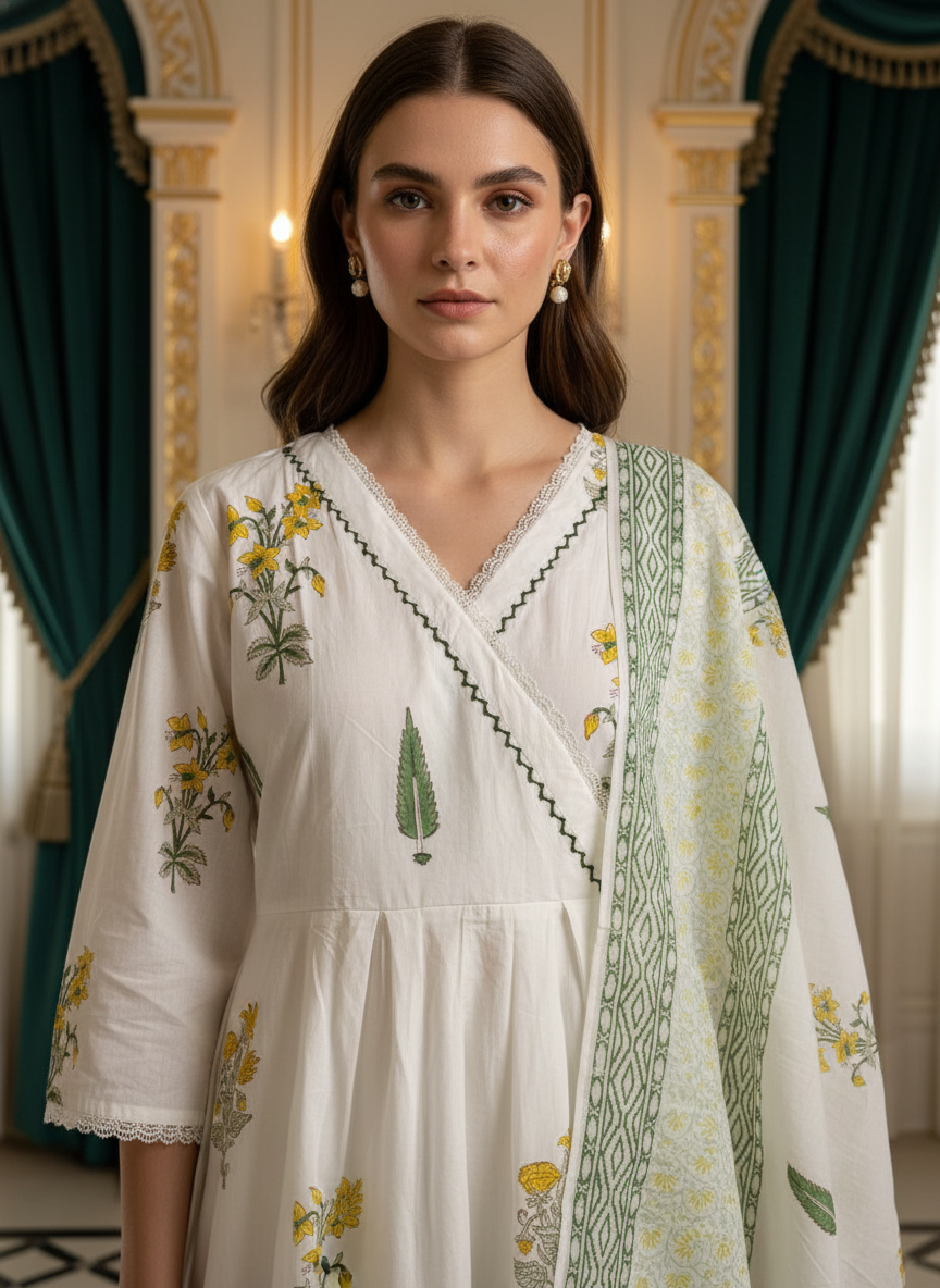 Sehar Cotton White Handblock Print Anarkali Suit Set