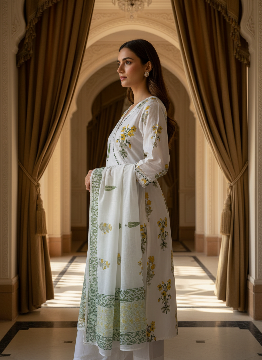 Sehar Cotton White Handblock Print Anarkali Suit Set